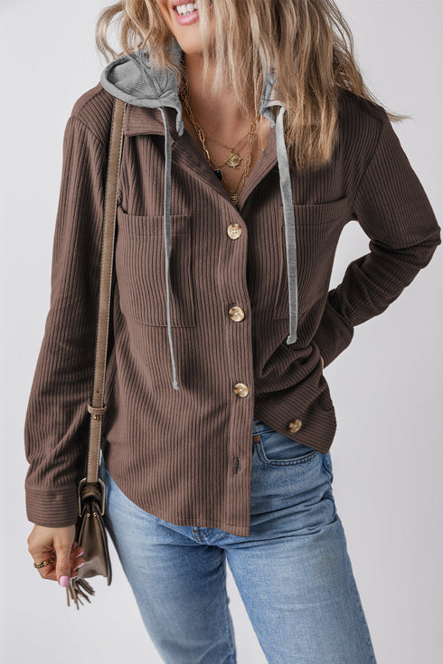 Hooded Drawstring Pockets Corduroy Shacket